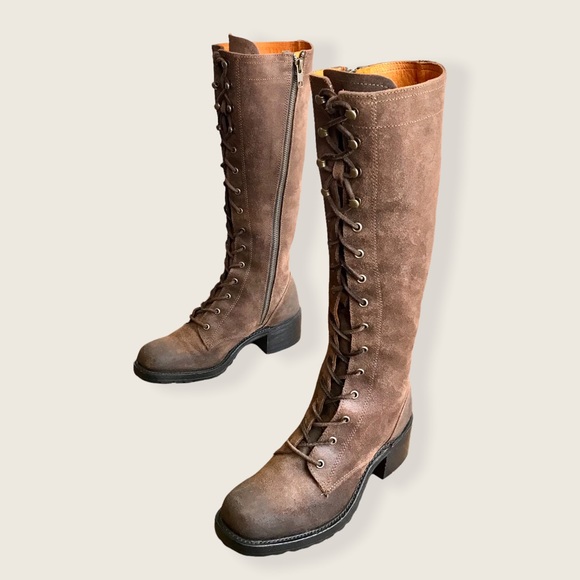 Frye Vintage Lace Up Knee-High Suede Brown Leather Block Heel Equestrian Boots - Picture 11 of 16